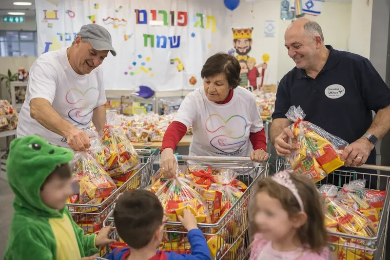 מתנדבי מחוברים לעם אורזים חבילות מזון ומתנות