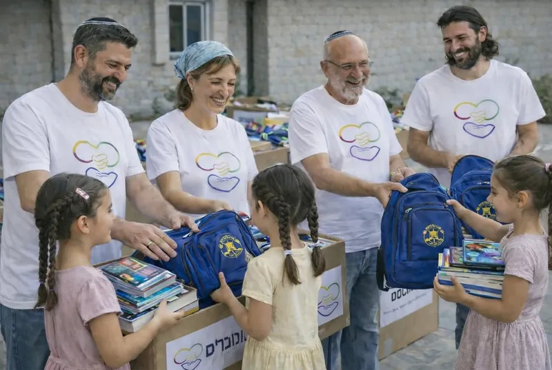 ילדים ישראלים מכל העדות שמחים עם ילקוטים