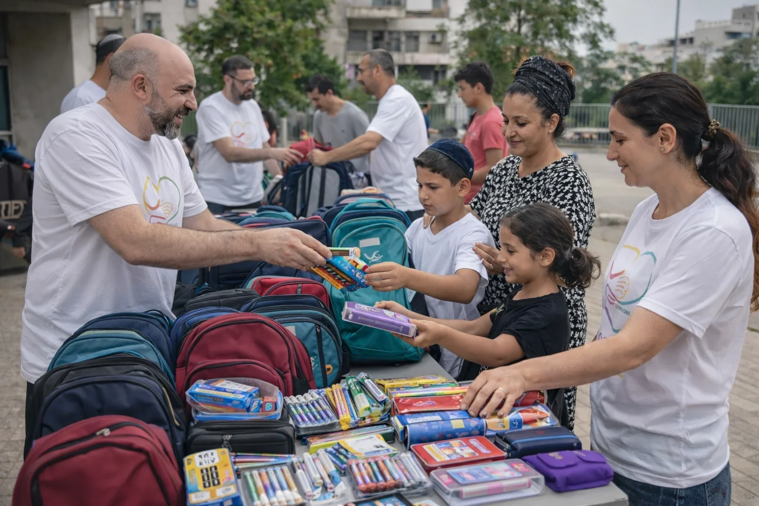 מתנדבים מחלקים תיקים לילדים