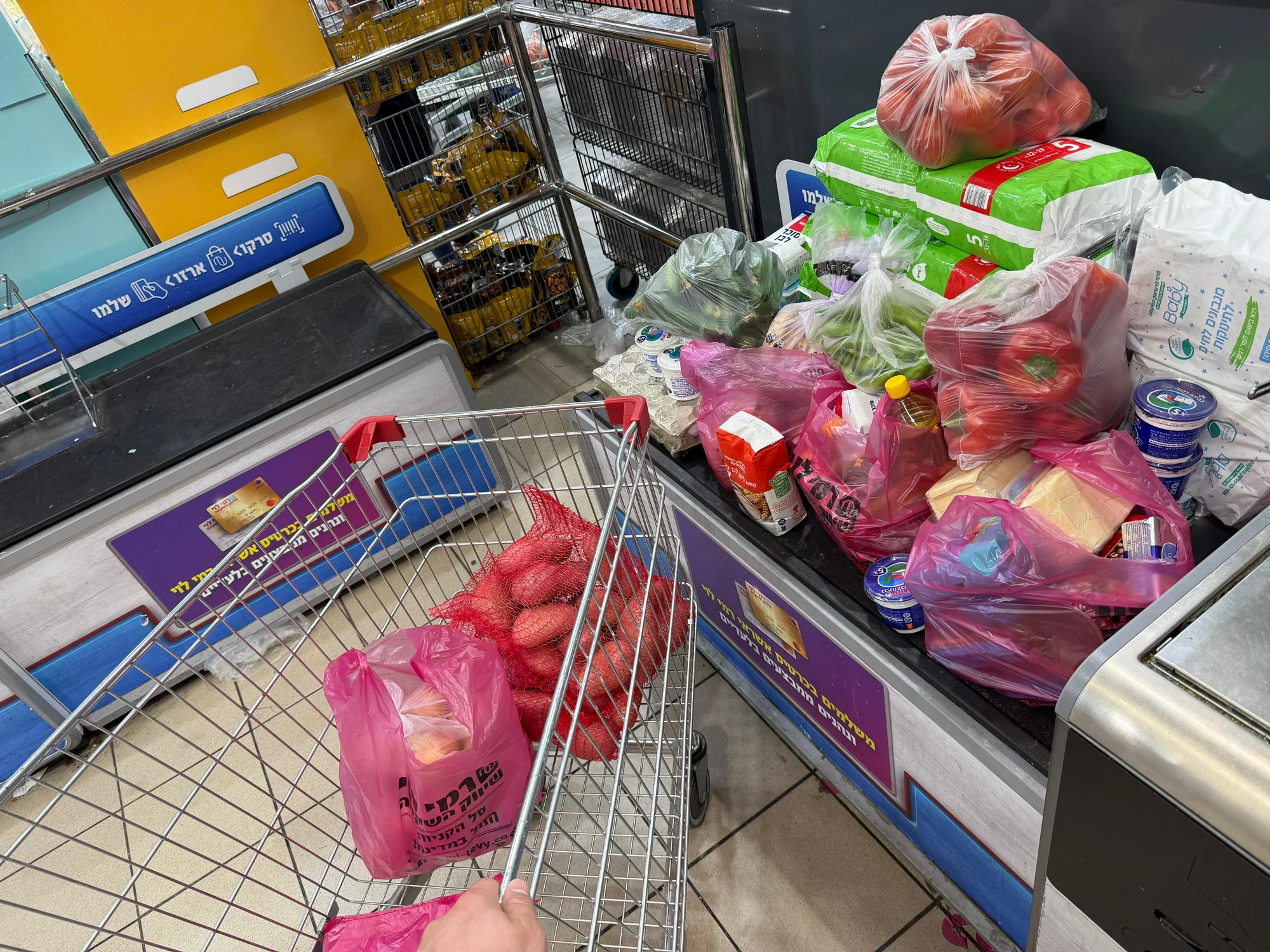 עגלת קניות עם עוף ומוצרים קפואים